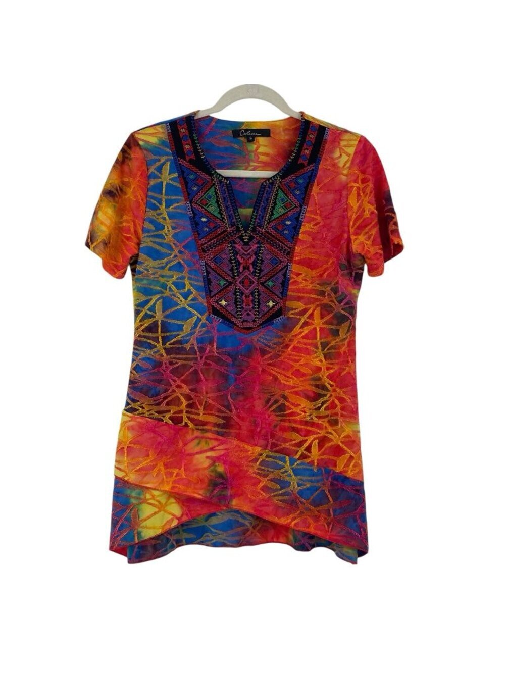 CALESSA Size Small Multicolor Abstract Burnout Embroidered Shirt Tiered